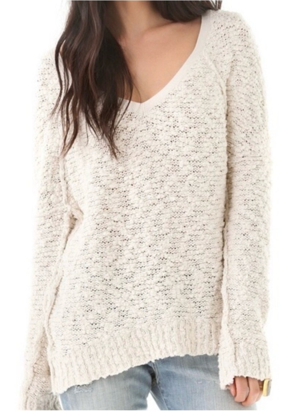 Free People Cream Textured V-Neck Knit Sweater
